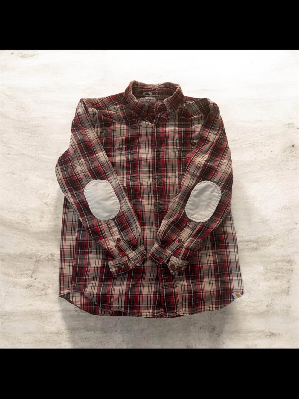 Men's Red Plaid Button-Up Shirt with Elbow Patches Vintage flannel.